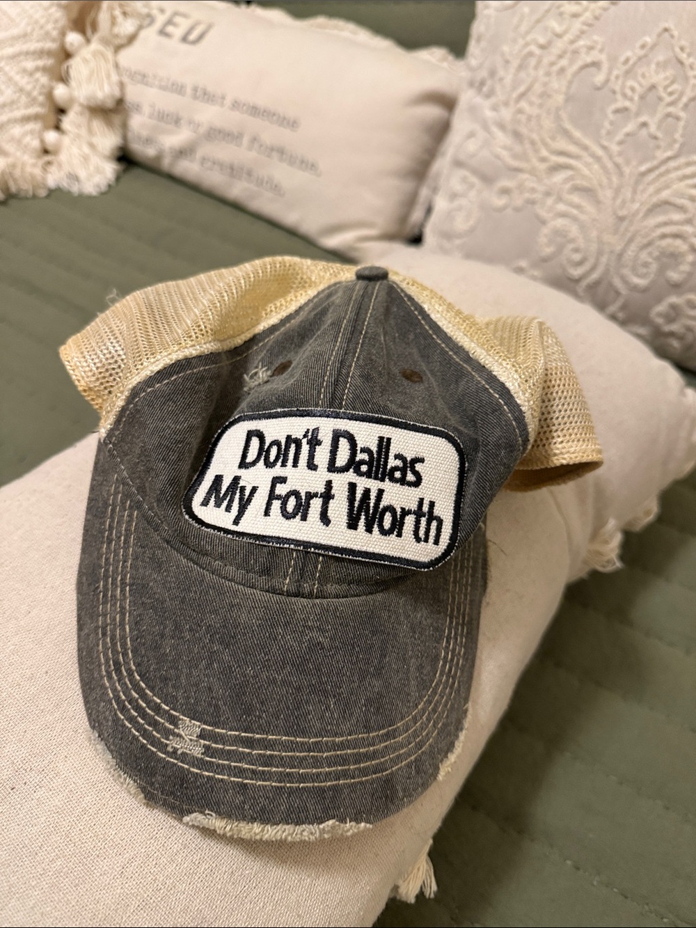 Don't Dallas My Fort Worth Distressed Mesh-Back Trucker Hat - Gray & Cream